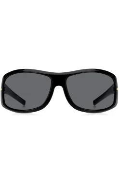 Schwarze Sonnenbrille im Masken-Stil mit goldfarbenen Metalldetails