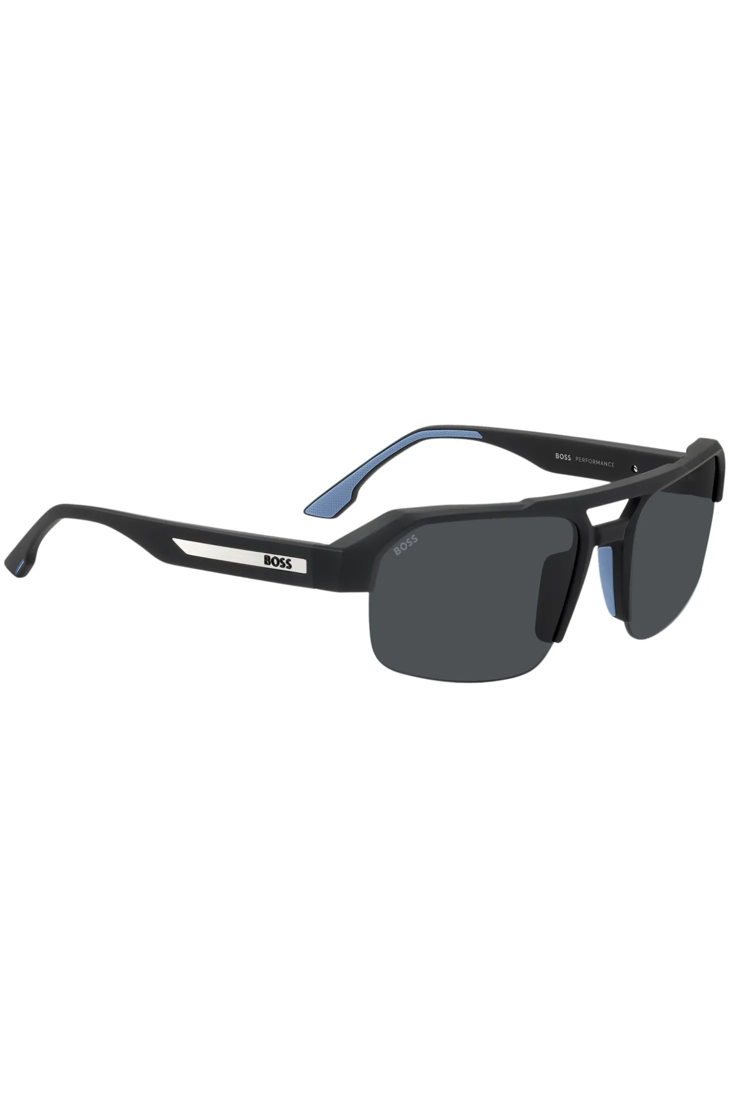 Schwarze Sonnenbrille mit Einsatz am Bügel und Logo
