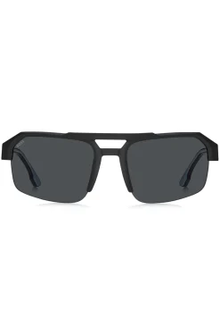 Schwarze Sonnenbrille mit Einsatz am Bügel und Logo
