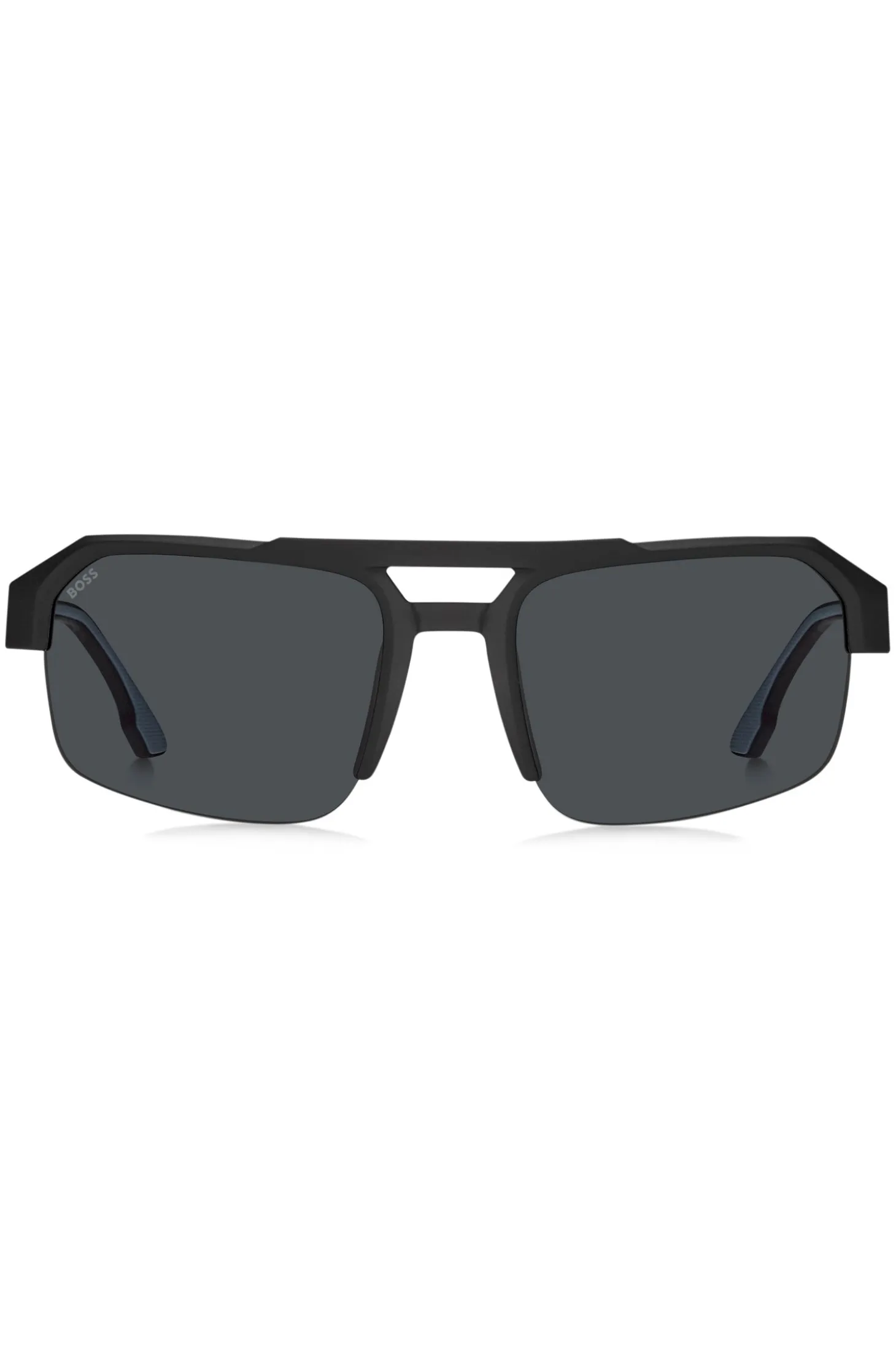 Schwarze Sonnenbrille mit Einsatz am Bügel und Logo