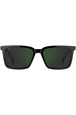 Schwarze Sonnenbrille mit gravierter Logo-Plakette