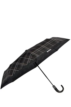 Schwarz karierter Taschenschirm mit Griff aus Kunstleder