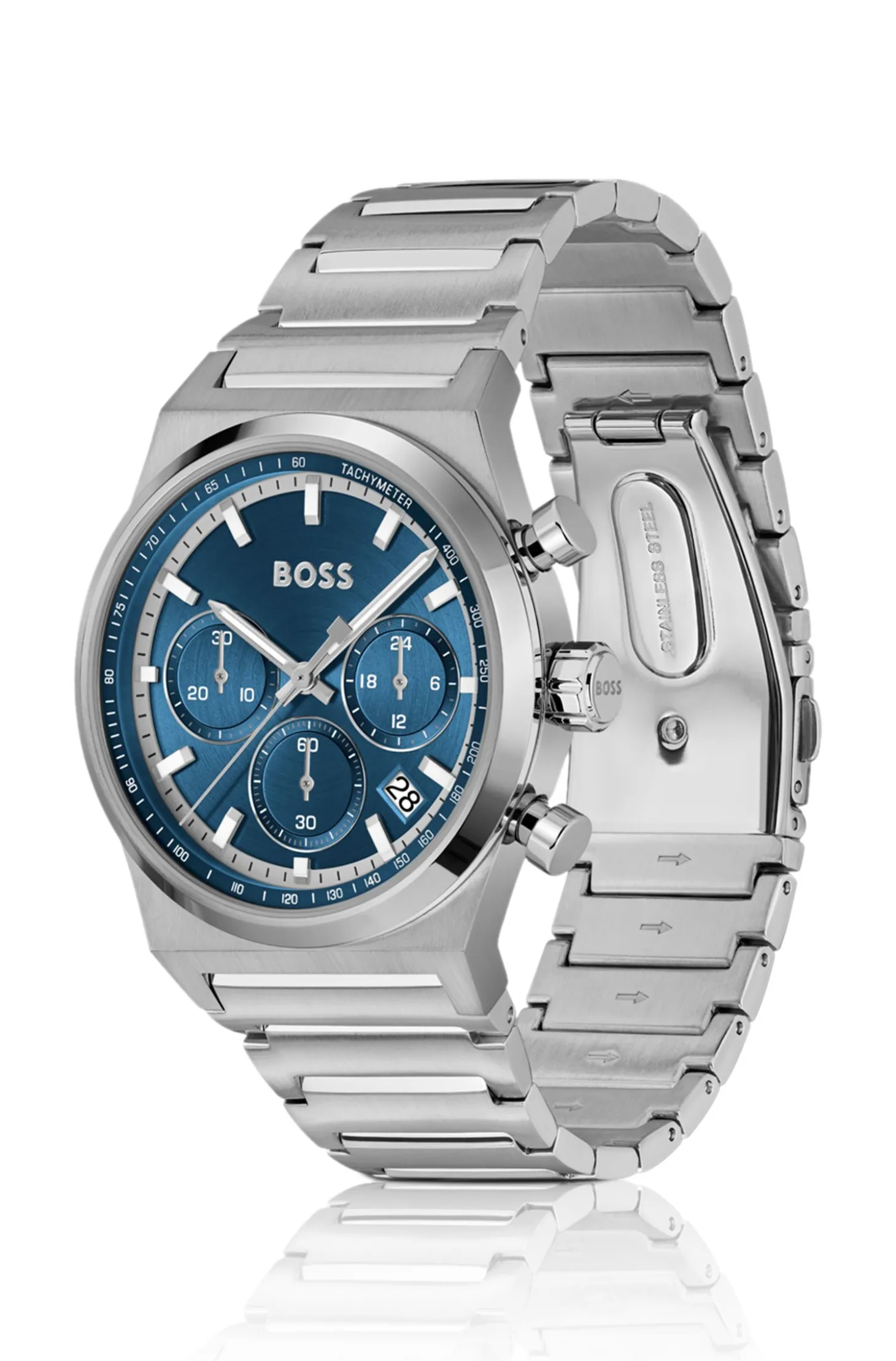 Silberfarbener Chronograph mit blauem Zifferblatt