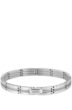 Silberfarbenes Armband mit Streifen-Muster und Logo-Schließe