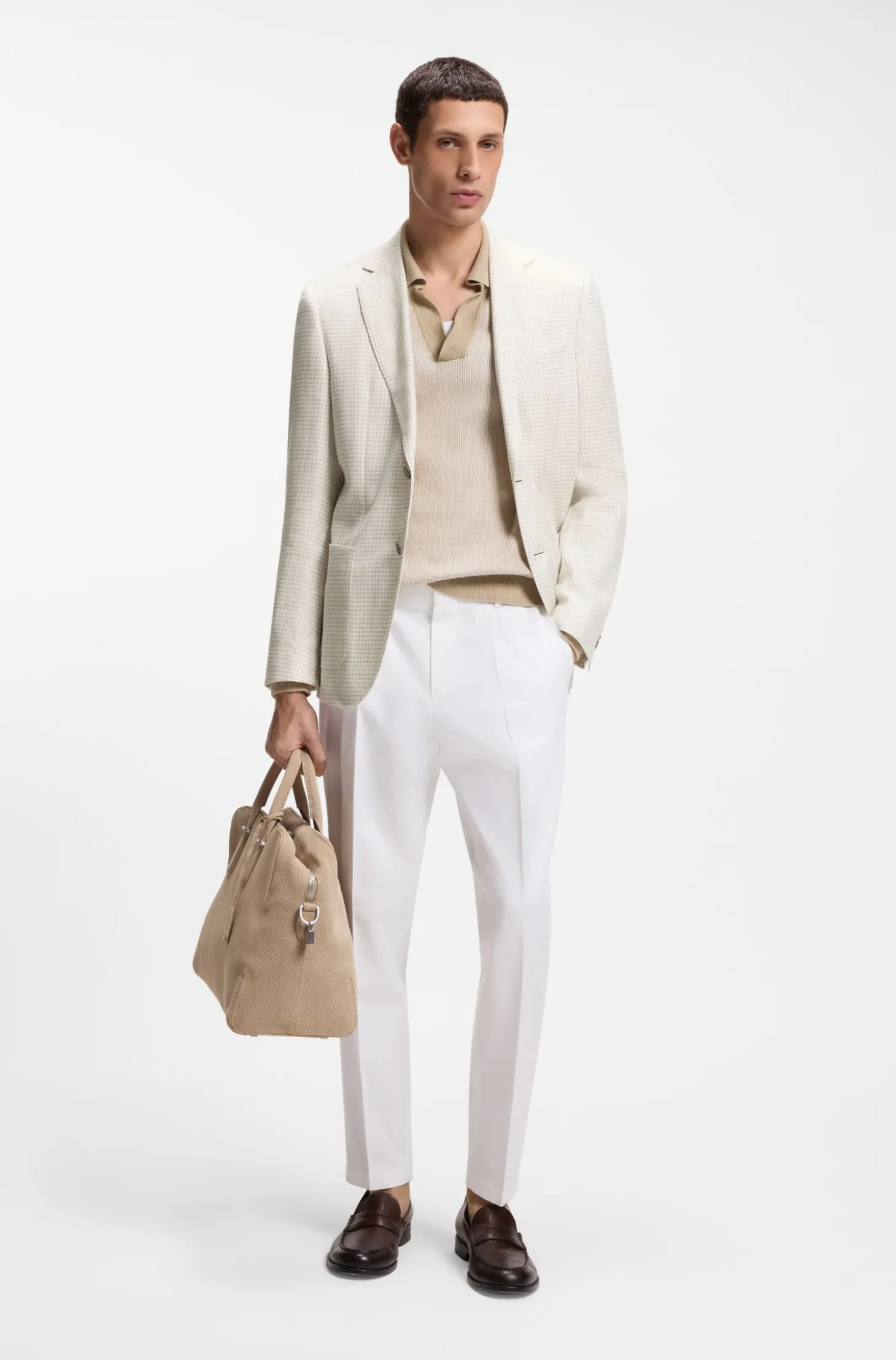 Slim-Fit Blazer aus karierter Leinen-Baumwoll-Seide