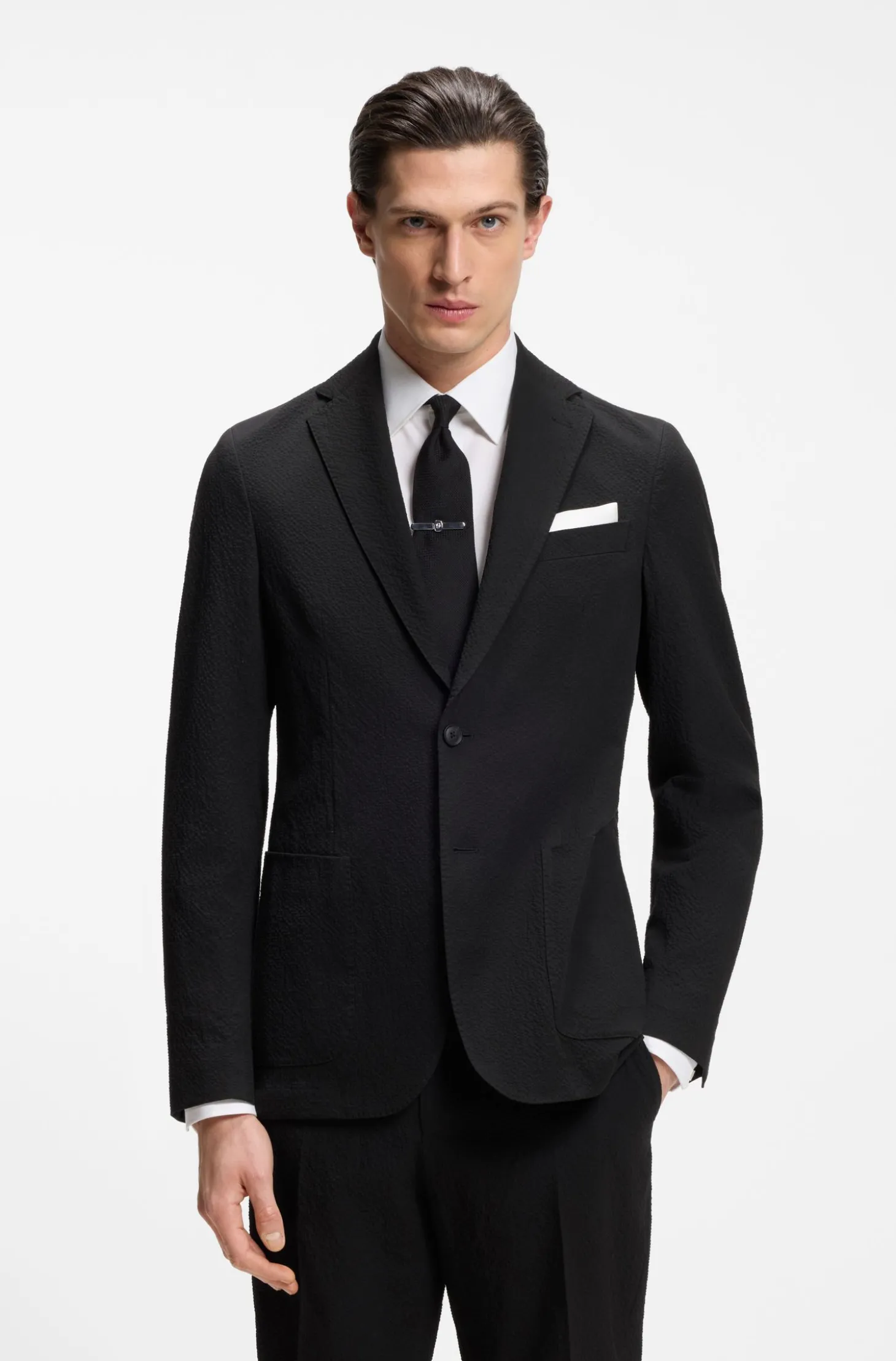 Slim-Fit Jacke aus elastischem Baumwoll-Seersucker