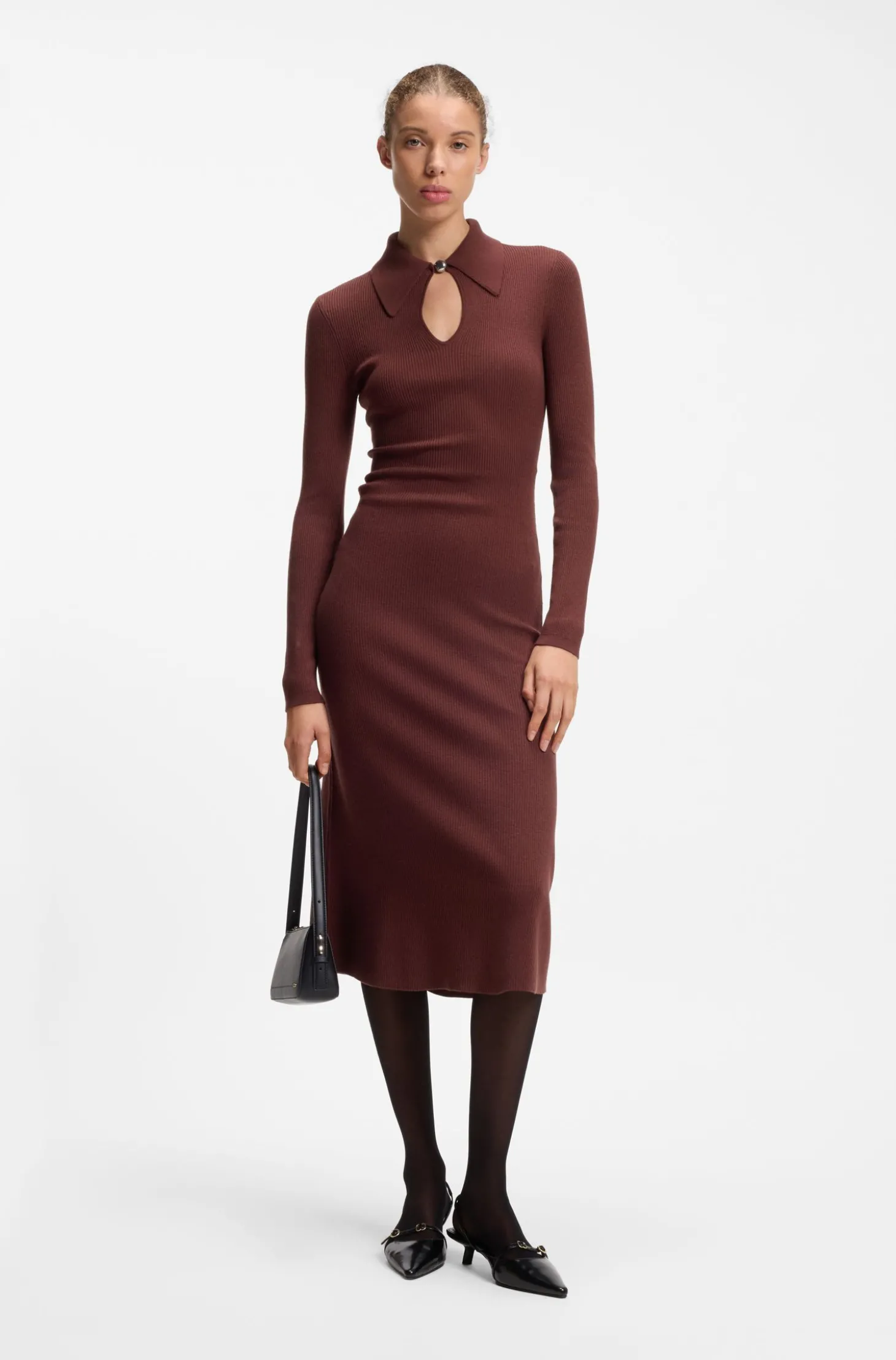 Slim-Fit Midikleid mit Polokragen und Schlüsselloch-Ausschnitt