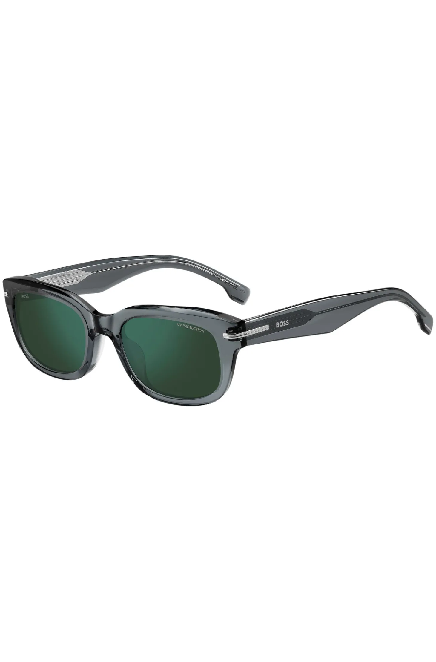 Sonnenbrille aus grauem Acetat mit grünen Gläsern
