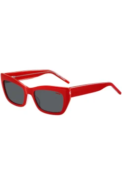 Sonnenbrille aus rotem Acetat mit mehrlagigen Bügeln