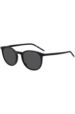Sonnenbrille aus schwarzem Acetat mit blauem Logo