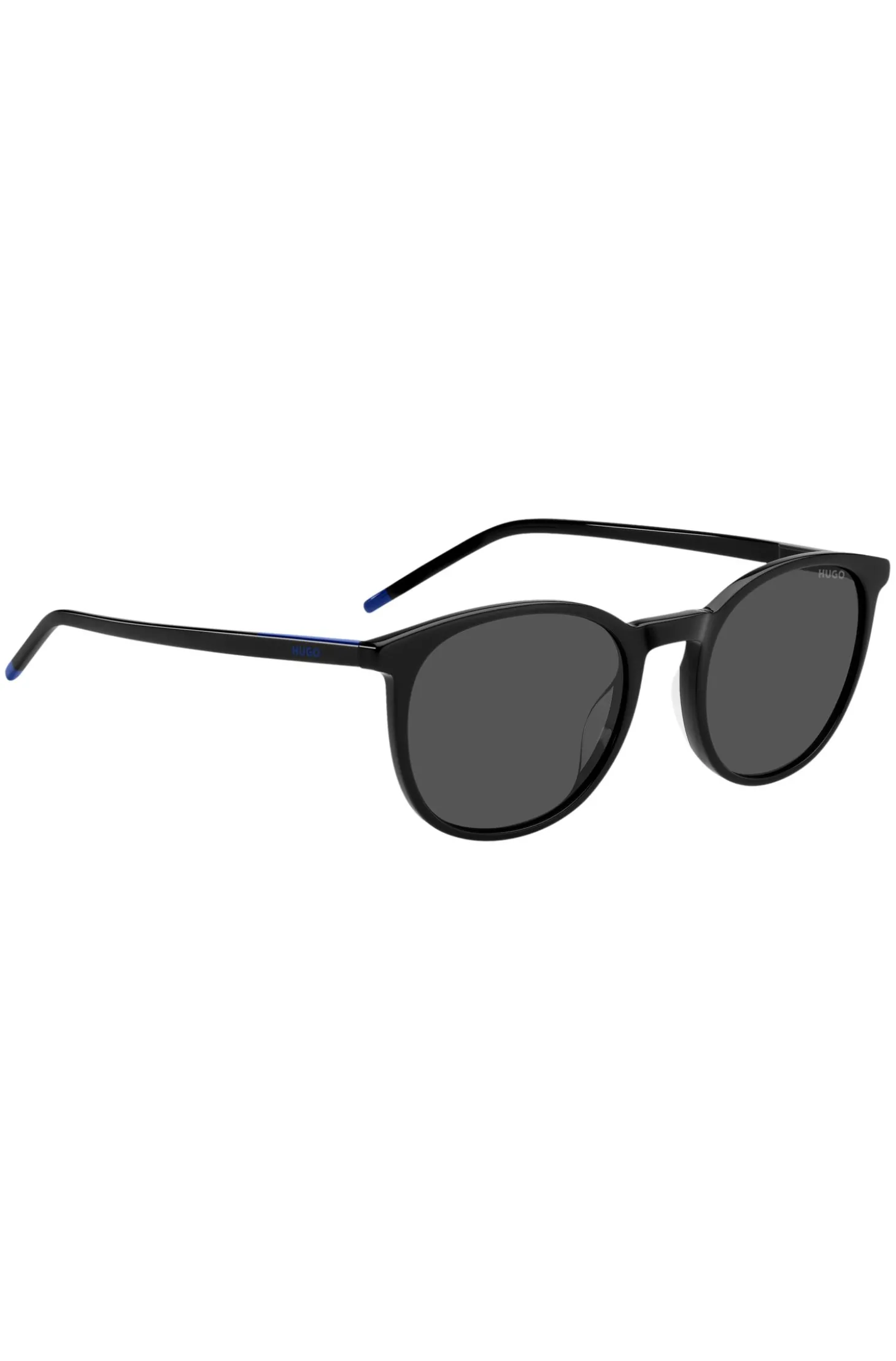 Sonnenbrille aus schwarzem Acetat mit blauem Logo