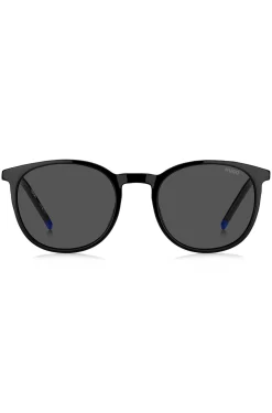 Sonnenbrille aus schwarzem Acetat mit blauem Logo
