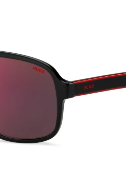 Sonnenbrille aus schwarzem Acetat mit rot getönten Gläsern