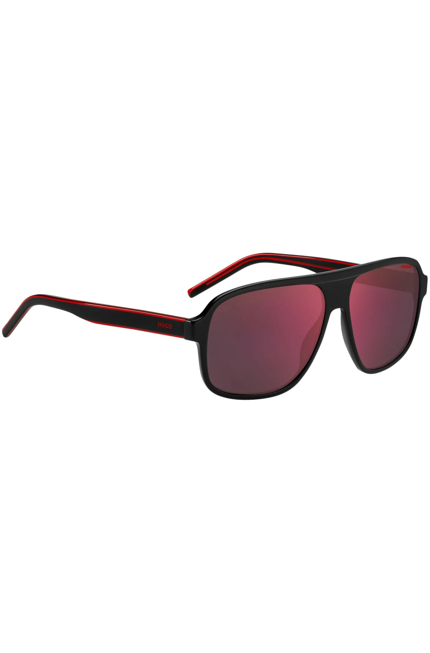 Sonnenbrille aus schwarzem Acetat mit rot getönten Gläsern
