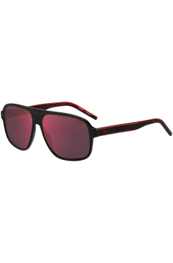 Sonnenbrille aus schwarzem Acetat mit rot getönten Gläsern