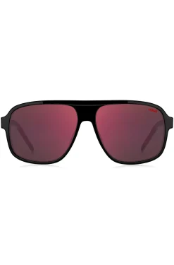 Sonnenbrille aus schwarzem Acetat mit rot getönten Gläsern