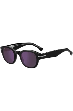 Sonnenbrille aus schwarzem Acetat mit violetten Gläsern