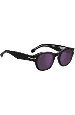 Sonnenbrille aus schwarzem Acetat mit violetten Gläsern