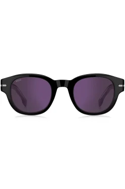 Sonnenbrille aus schwarzem Acetat mit violetten Gläsern