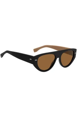 Sonnenbrille aus schwarzem Bio-Acetat mit gelaserten Logos auf den Bügeln