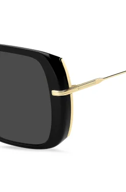 Sonnenbrille aus schwarzem, mehrlagigem Acetat mit goldfarbenen Bügeln
