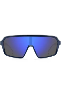 Sonnenbrille im Masken-Stil mit blau getönten Gläsern