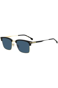 Sonnenbrille mit blauen Gläsern und schwarz-goldfarbener Fassung