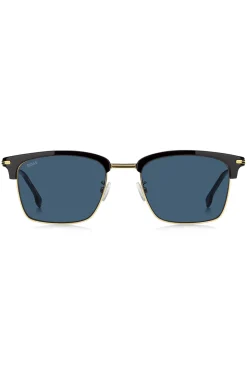 Sonnenbrille mit blauen Gläsern und schwarz-goldfarbener Fassung