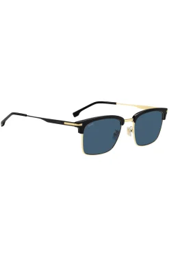 Sonnenbrille mit blauen Gläsern und schwarz-goldfarbener Fassung