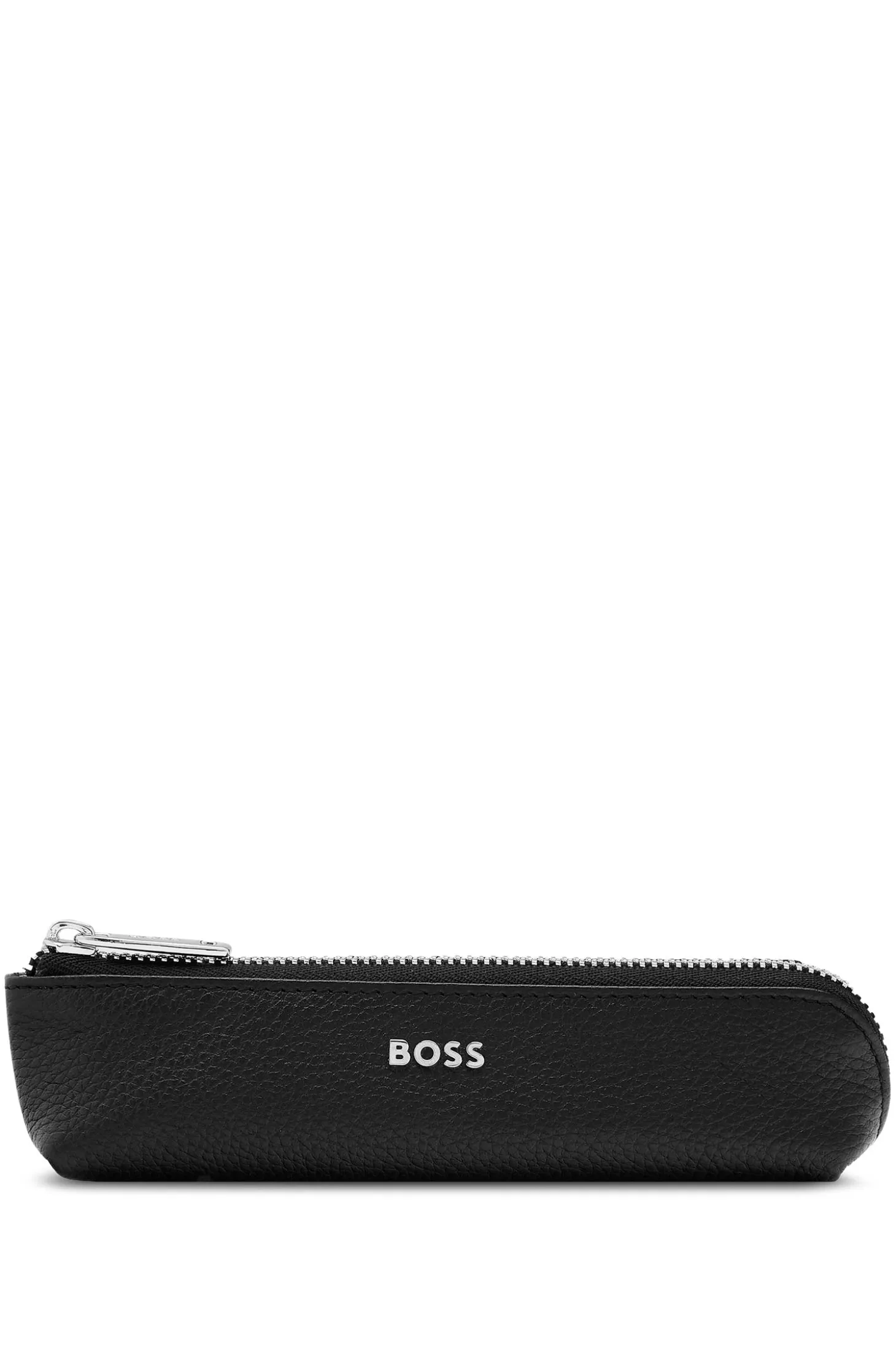 Stifte-Etui aus schwarzem genarbtem Leder mit Logo-Schriftzug