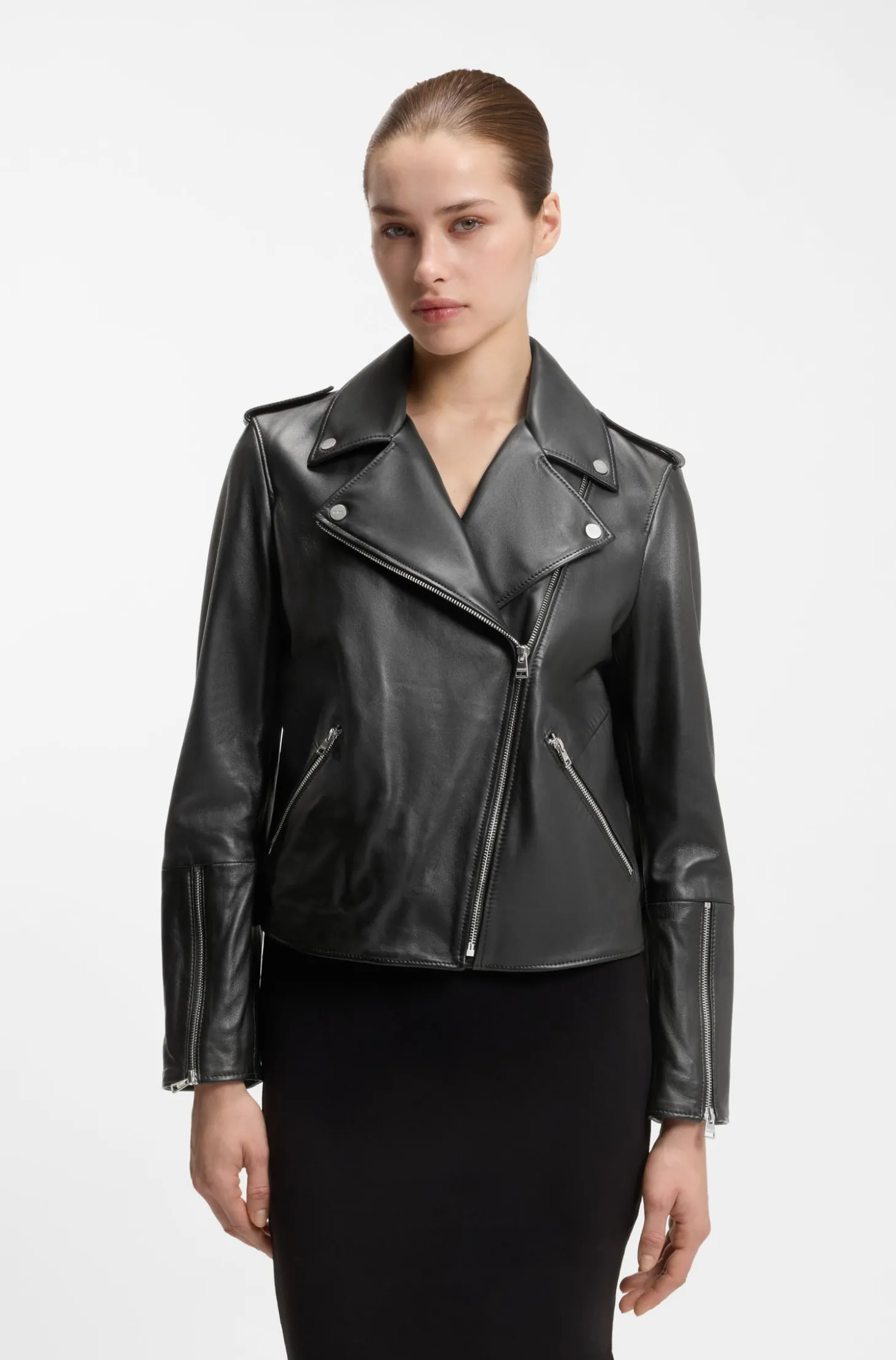 Straight-Fit Bikerjacke aus Leder mit Reißverschluss-Details