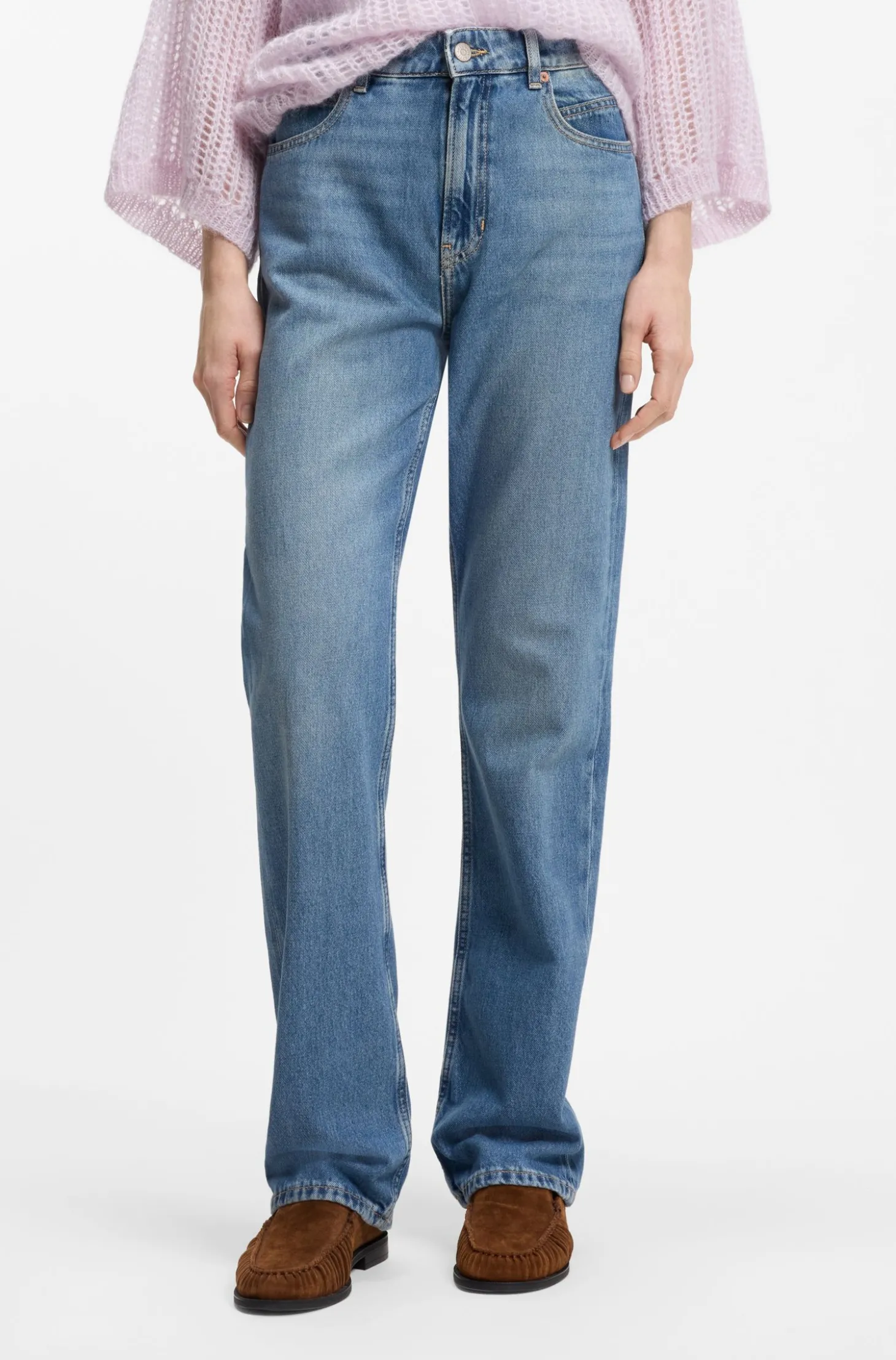 Straight-Fit Jeans aus mittelblauem Denim mit hohem Bund
