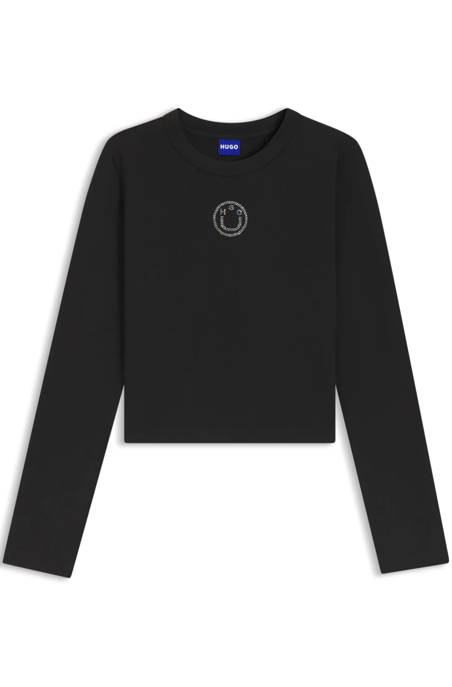 Stretch-Top aus Baumwolle mit Happy HUGO Logo und Strasssteinen