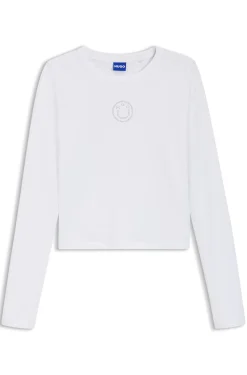 Stretch-Top aus Baumwolle mit Happy HUGO Logo und Strasssteinen