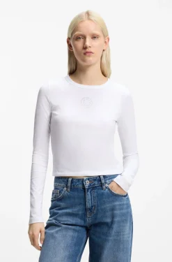 Stretch-Top aus Baumwolle mit Happy HUGO Logo und Strasssteinen