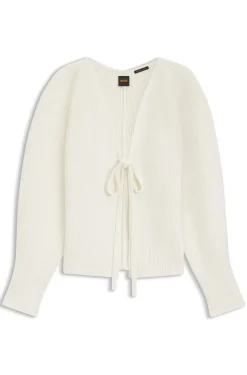 Strickjacke mit Krawatten-Vorderseite und Ballonärmel in Rippstrick