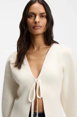 Strickjacke mit Krawatten-Vorderseite und Ballonärmel in Rippstrick