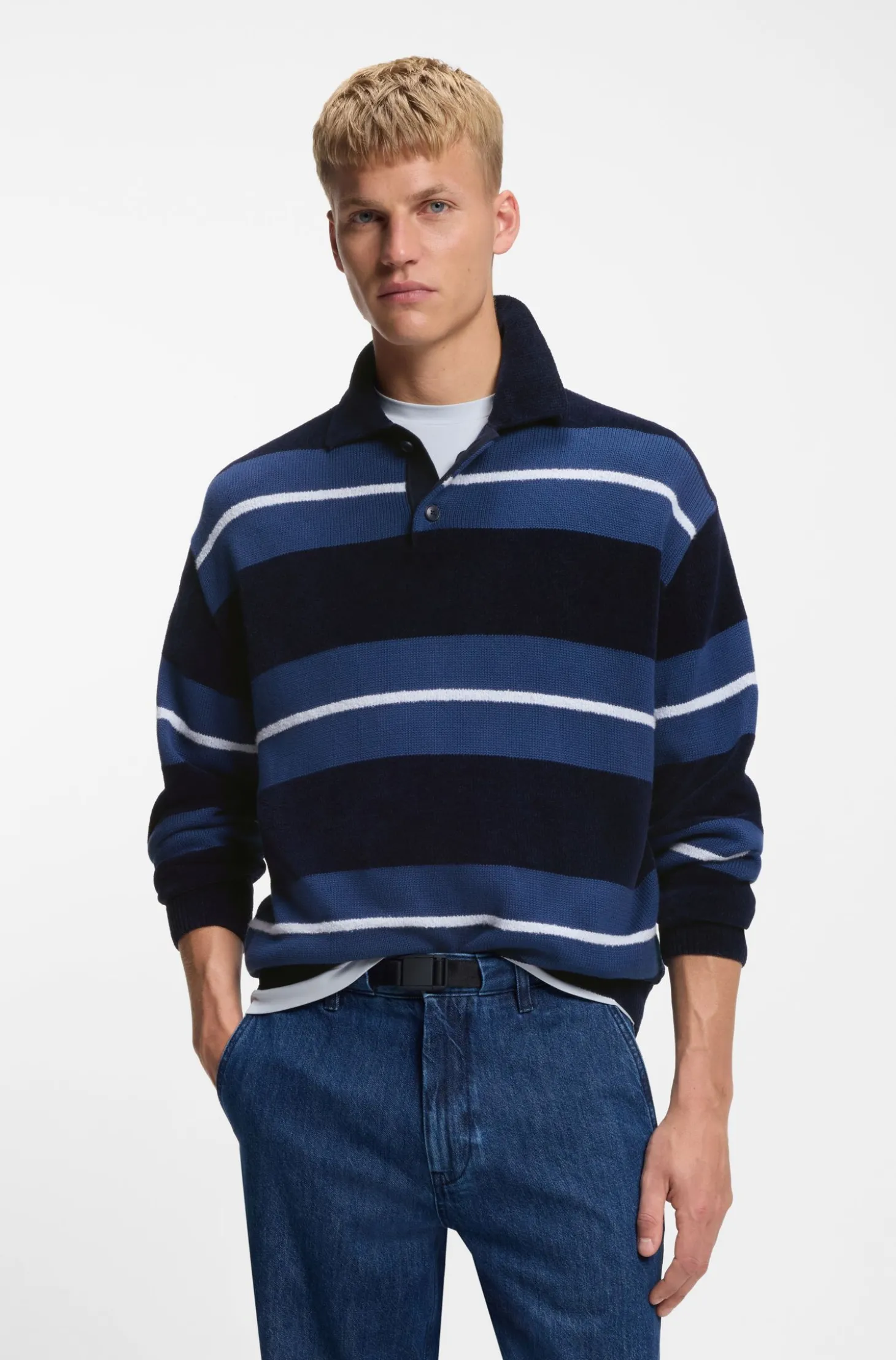 Strick-Poloshirt aus Baumwoll-Mix mit Blockstreifen