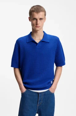 Strick-Poloshirt mit Waffelstruktur und Johnny-Kragen