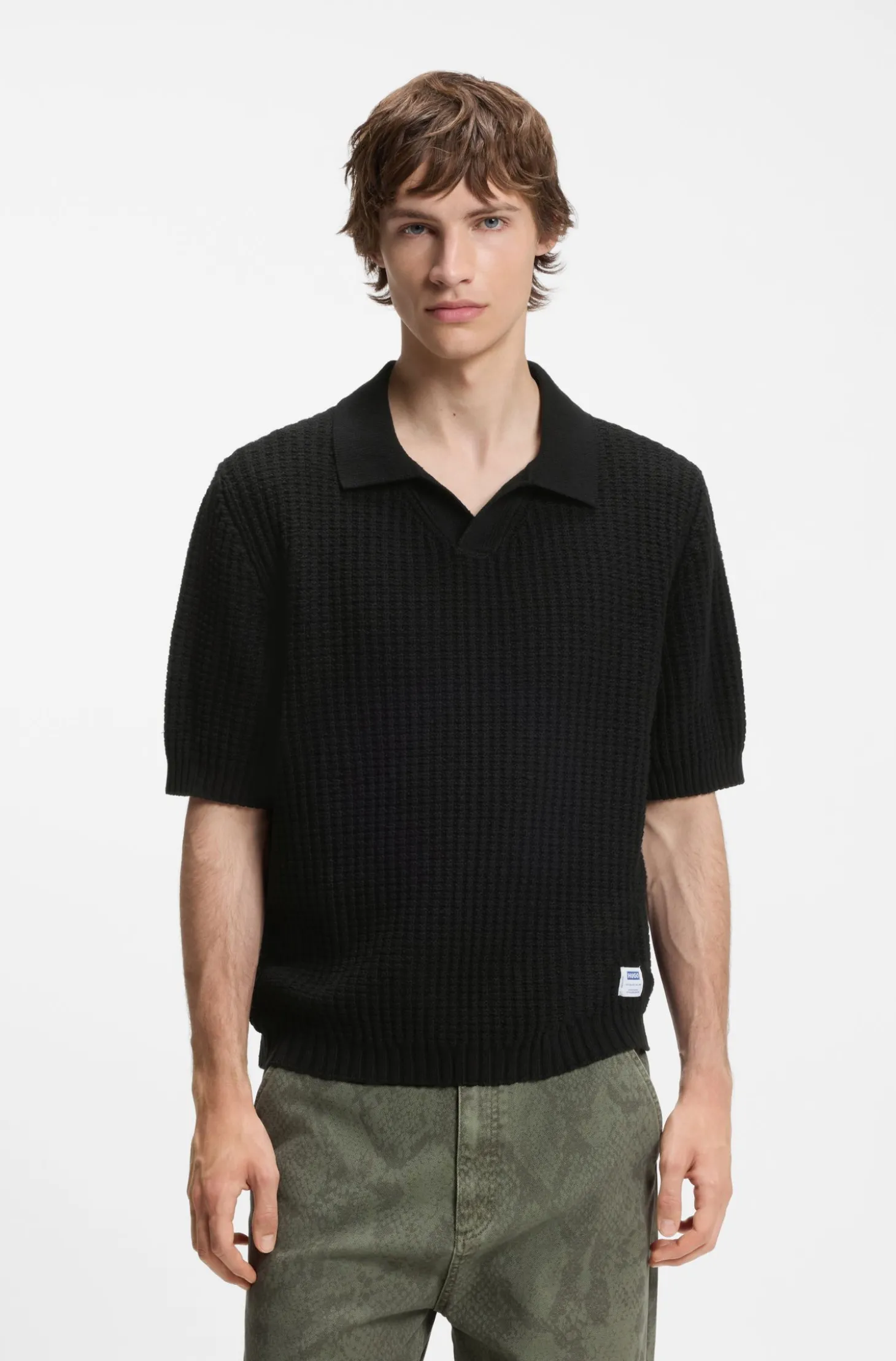 Strick-Poloshirt mit Waffelstruktur und Johnny-Kragen