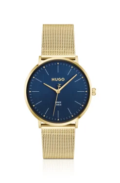 #Style 3-Zeiger-Uhr mit Mesh-Armband und blauem Zifferblatt