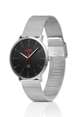#Style 3-Zeiger-Uhr mit schwarzem Zifferblatt und Mesh-Armband