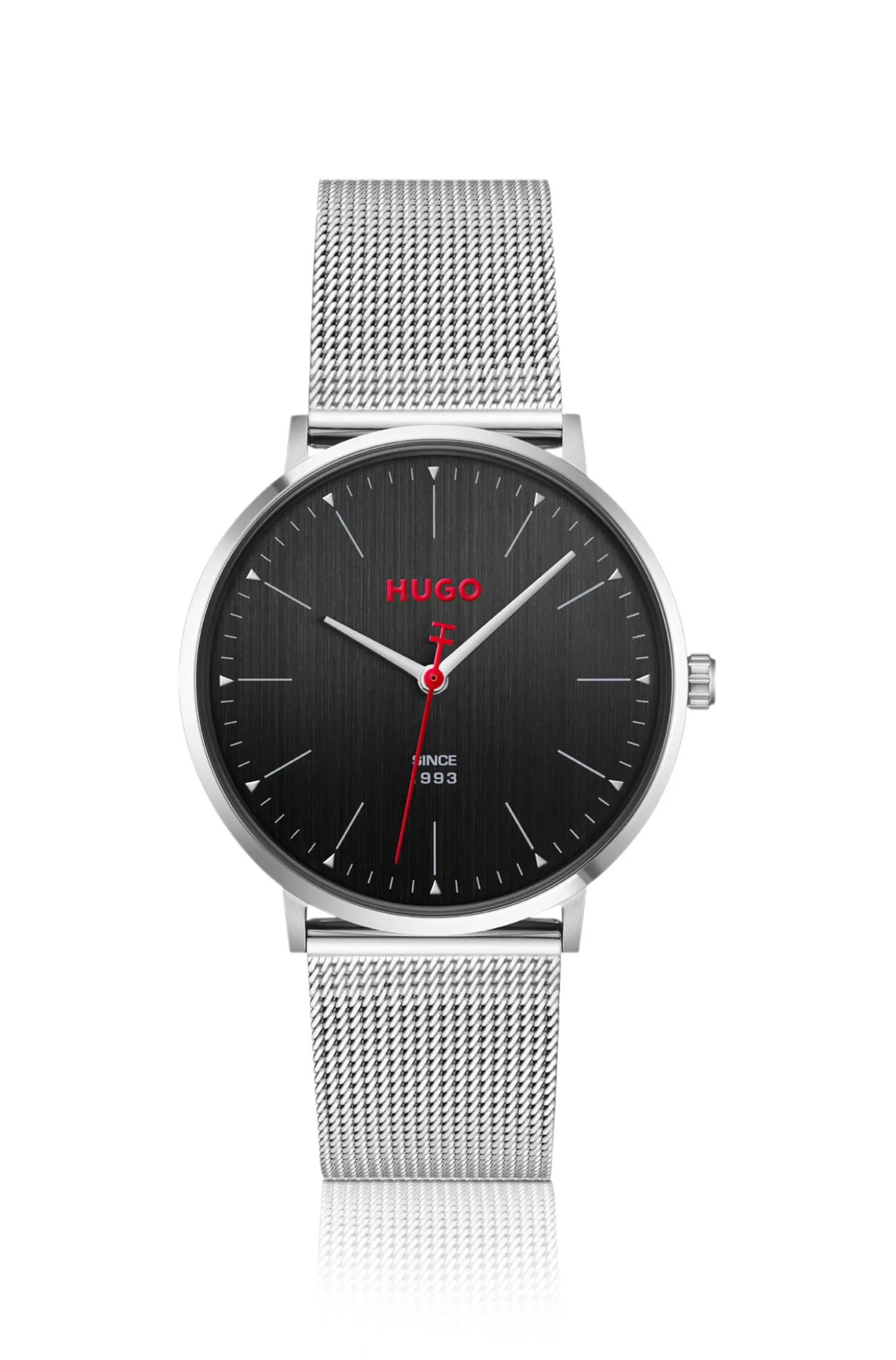 #Style 3-Zeiger-Uhr mit schwarzem Zifferblatt und Mesh-Armband