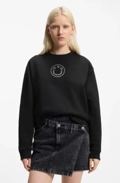 Sweatshirt aus Baumwolle mit Happy HUGO Logo aus Strasssteinen