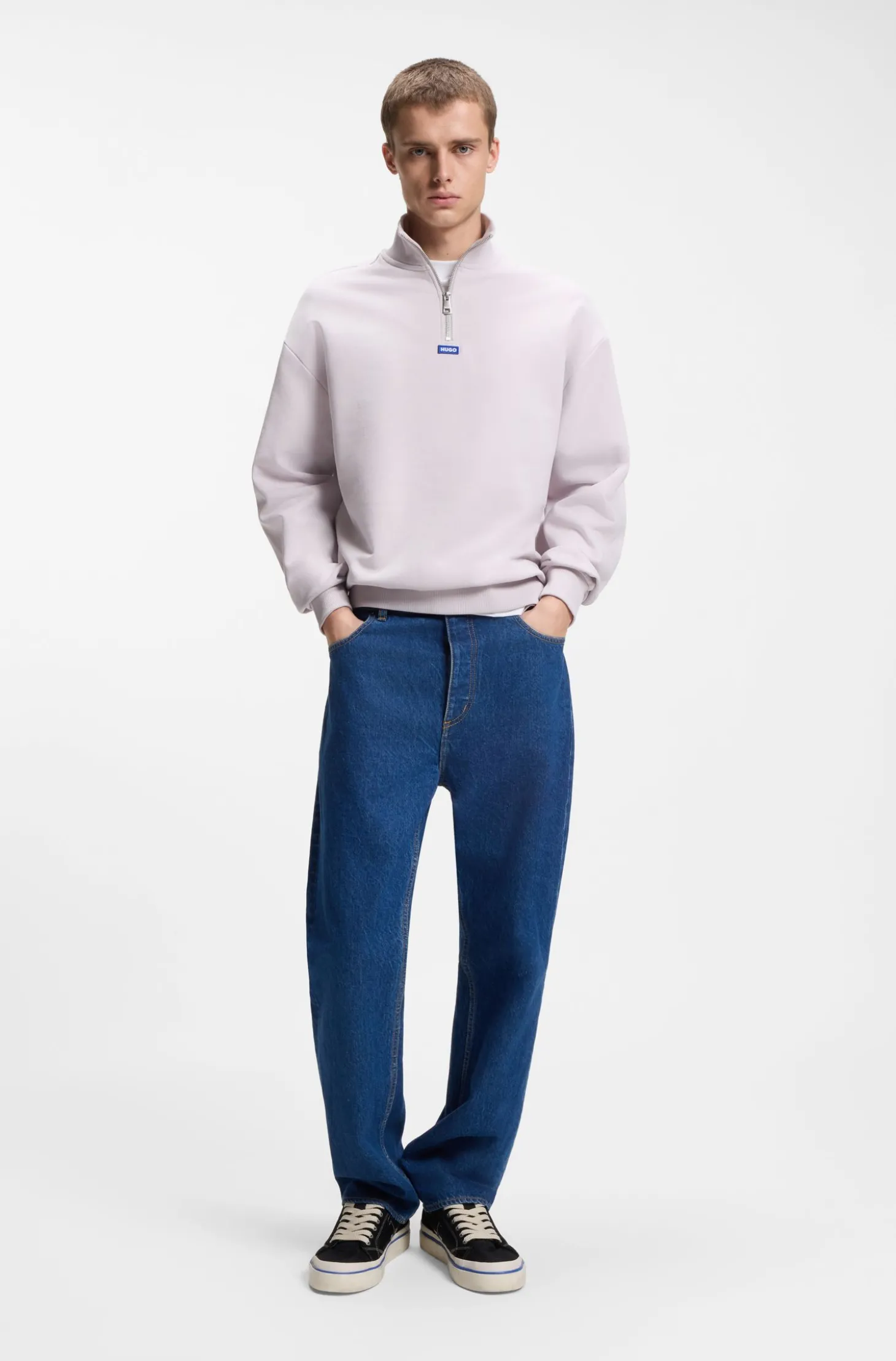 Sweatshirt aus Baumwoll-Terry mit Troyerkragen