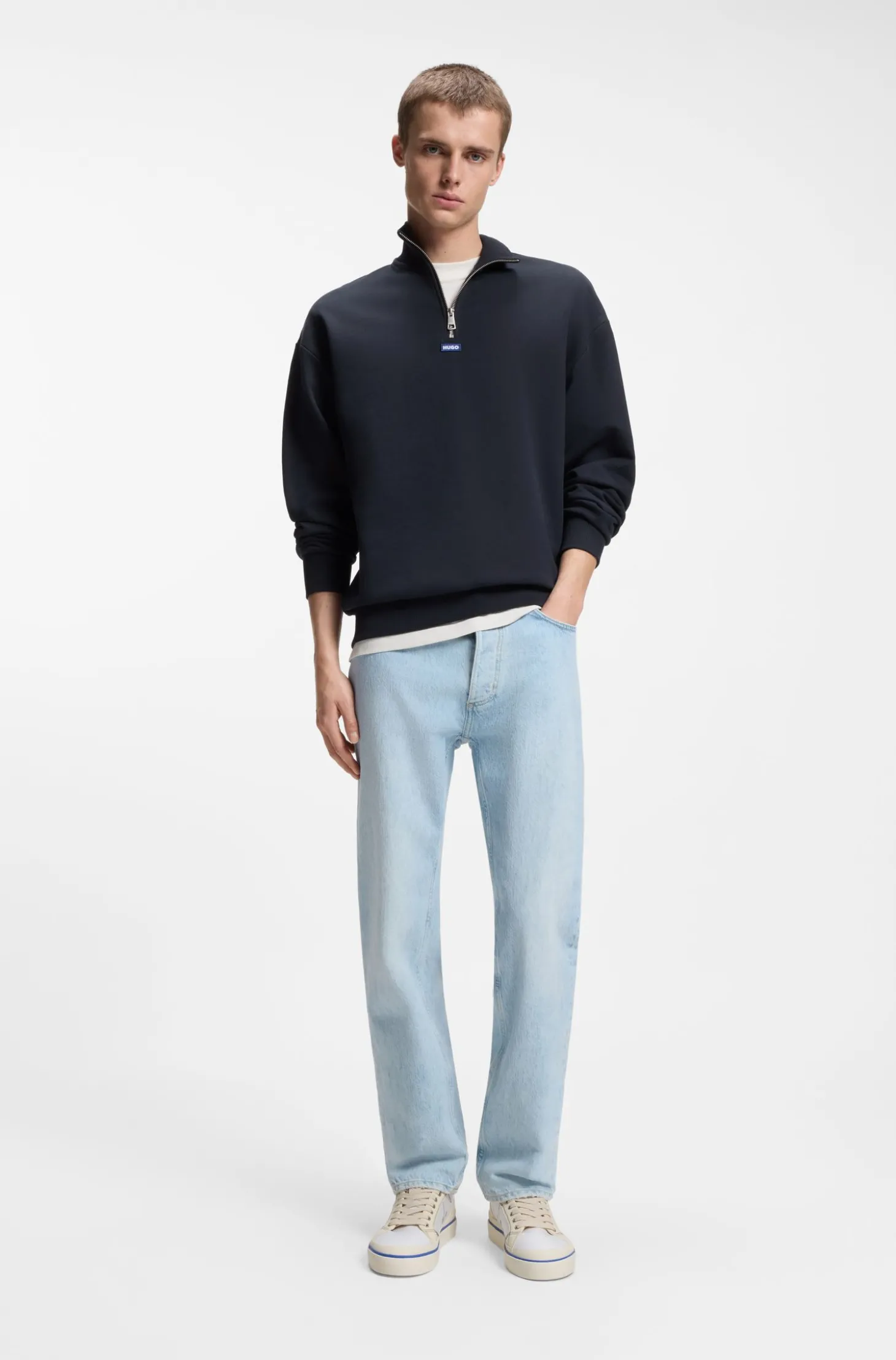 Sweatshirt aus Baumwoll-Terry mit Troyerkragen