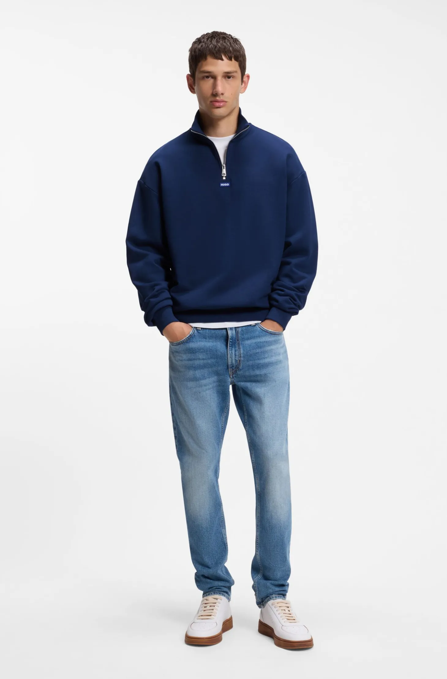 Sweatshirt aus Baumwoll-Terry mit Troyerkragen