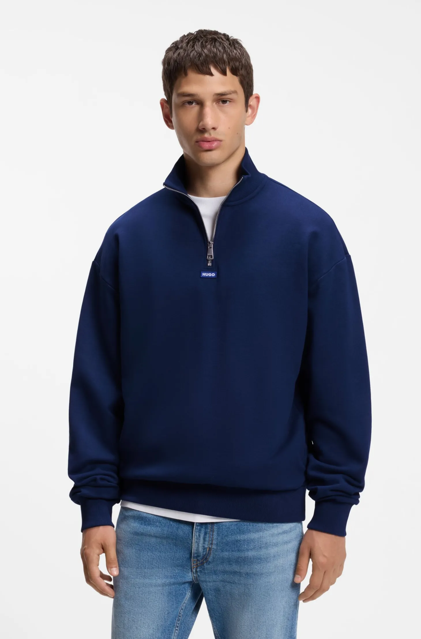 Sweatshirt aus Baumwoll-Terry mit Troyerkragen