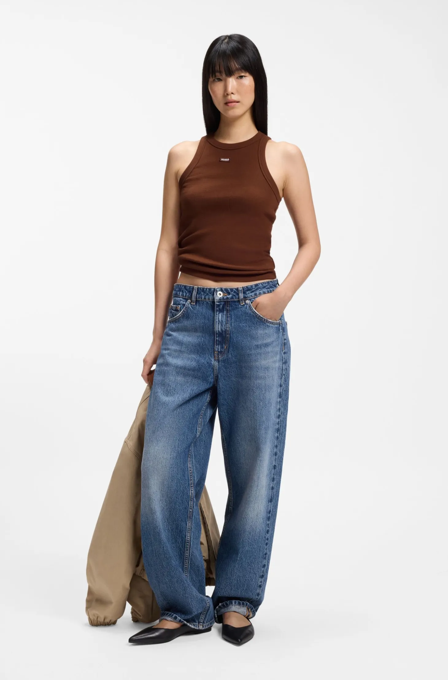 Tanktop aus Stretch-Baumwolle mit blauem Logo-Label