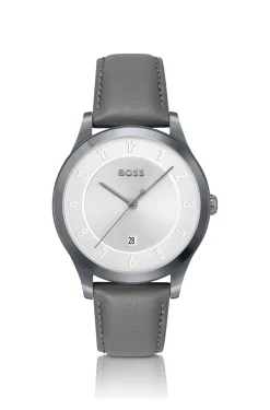 THREEHAND Grau beschichtete Uhr mit Lederarmband